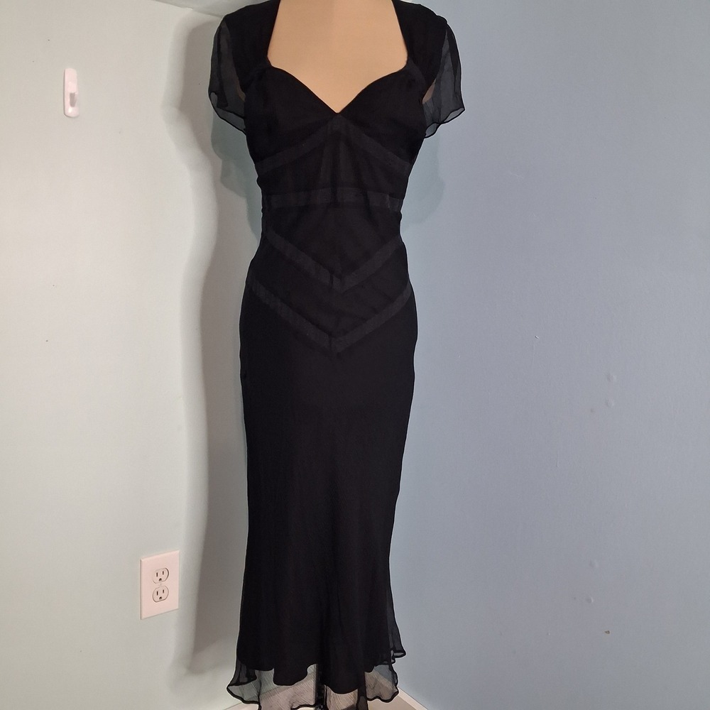 Fiori di Zucca Black Chevron Silk Midi Dress Flutter Sleeve Sweetheart Size 12